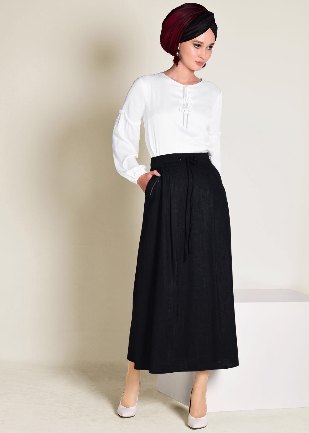 Tesettür giyim SİYAH BELİ BAĞCIKLI CEPLİ ETEK 6214 