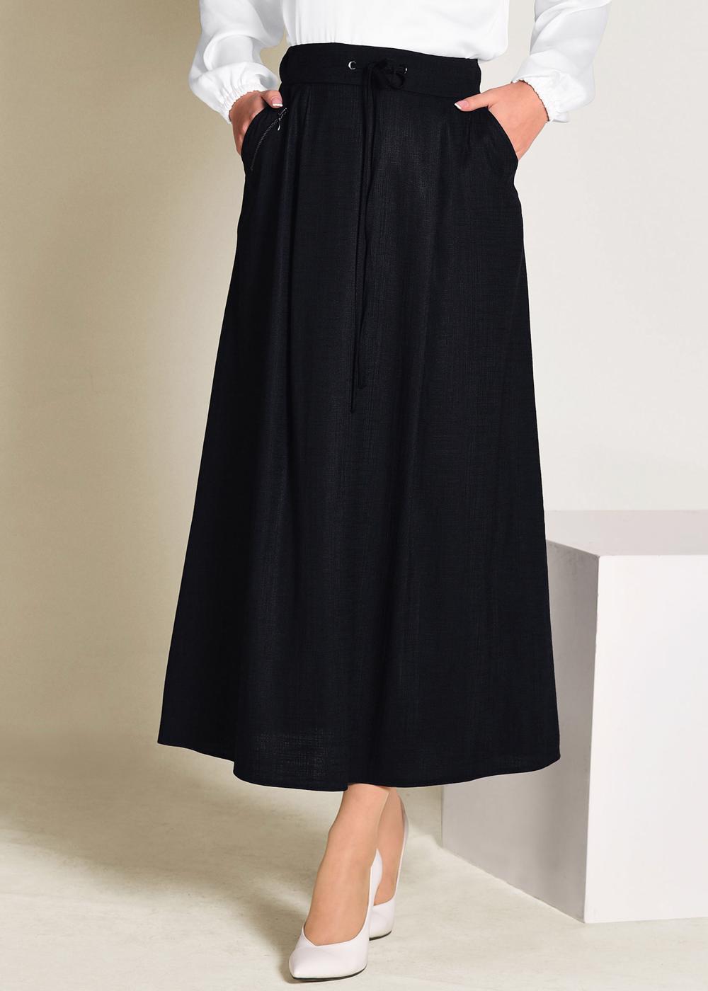 Tesettür giyim SİYAH BELİ BAĞCIKLI CEPLİ ETEK 6214 