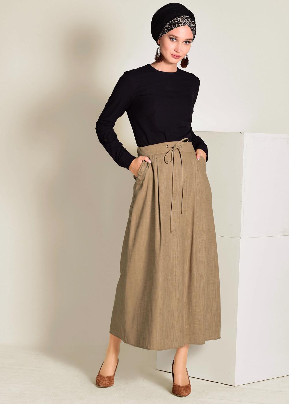 Tesettür giyim KAHVE BELİ BAĞCIKLI CEPLİ ETEK 6214 