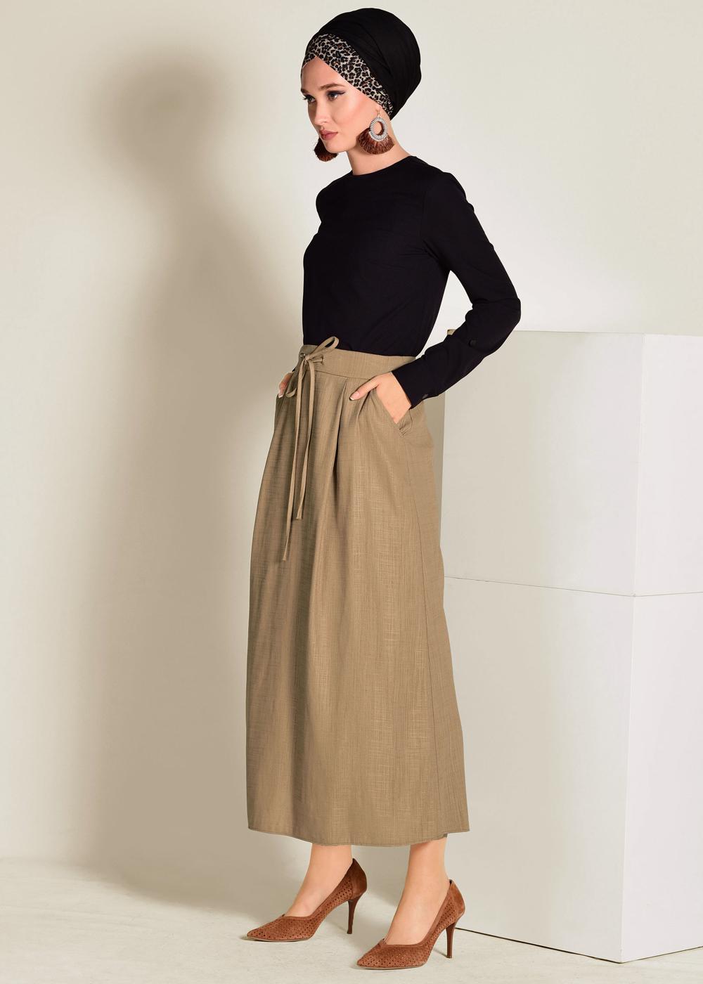 Tesettür giyim KAHVE BELİ BAĞCIKLI CEPLİ ETEK 6214 