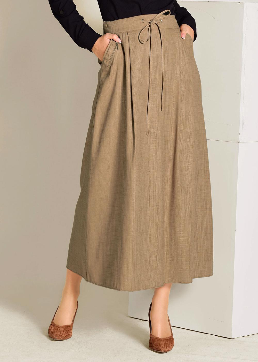 Tesettür giyim KAHVE BELİ BAĞCIKLI CEPLİ ETEK 6214 