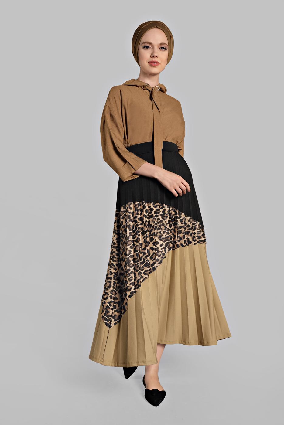 Tesettür giyim SİYAH PİLELİ LEOPAR DESENLİ ETEK 6911 