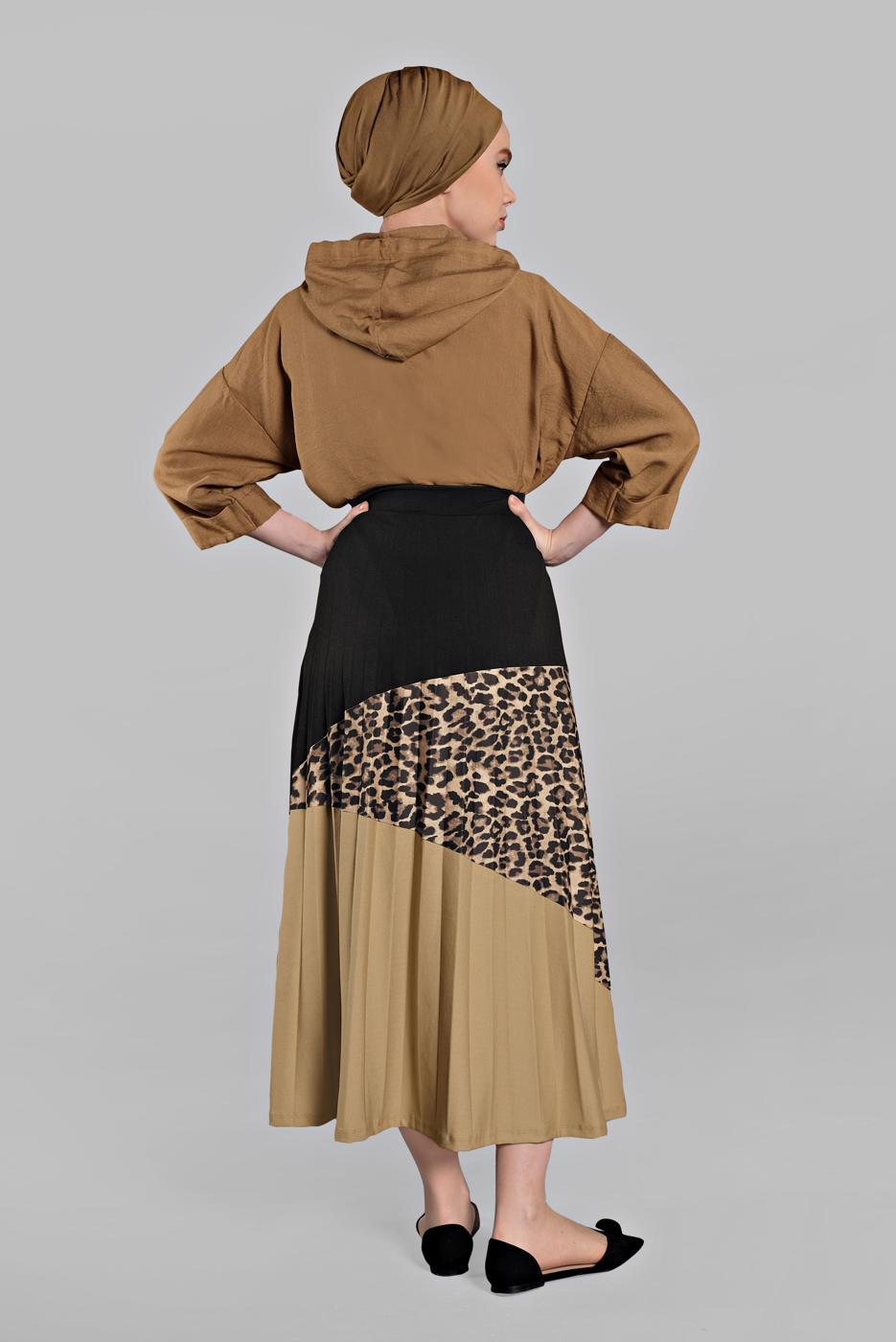 Tesettür giyim SİYAH PİLELİ LEOPAR DESENLİ ETEK 6911 