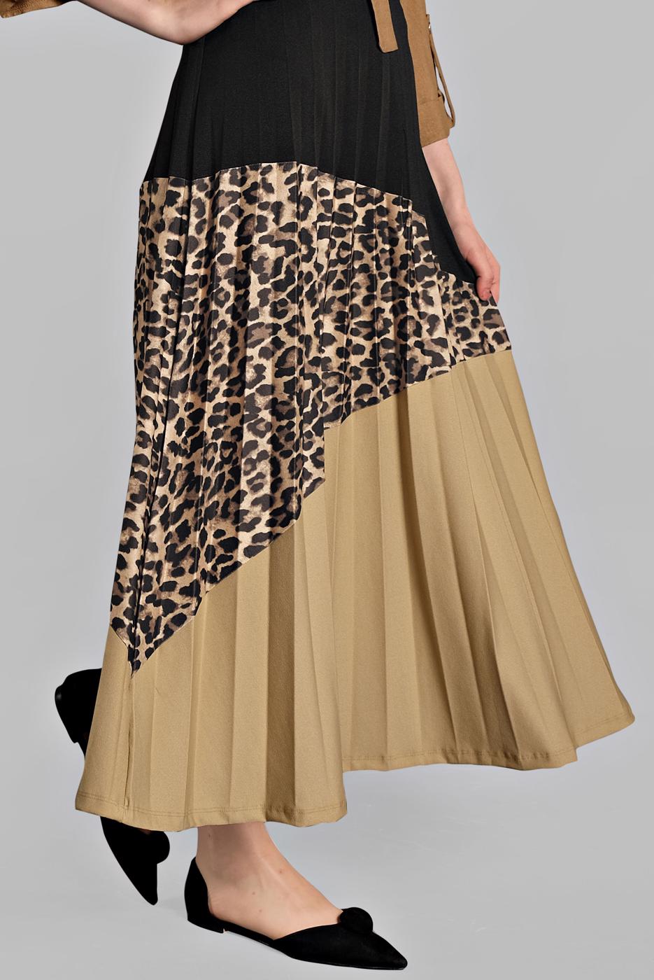 Tesettür giyim SİYAH PİLELİ LEOPAR DESENLİ ETEK 6911 