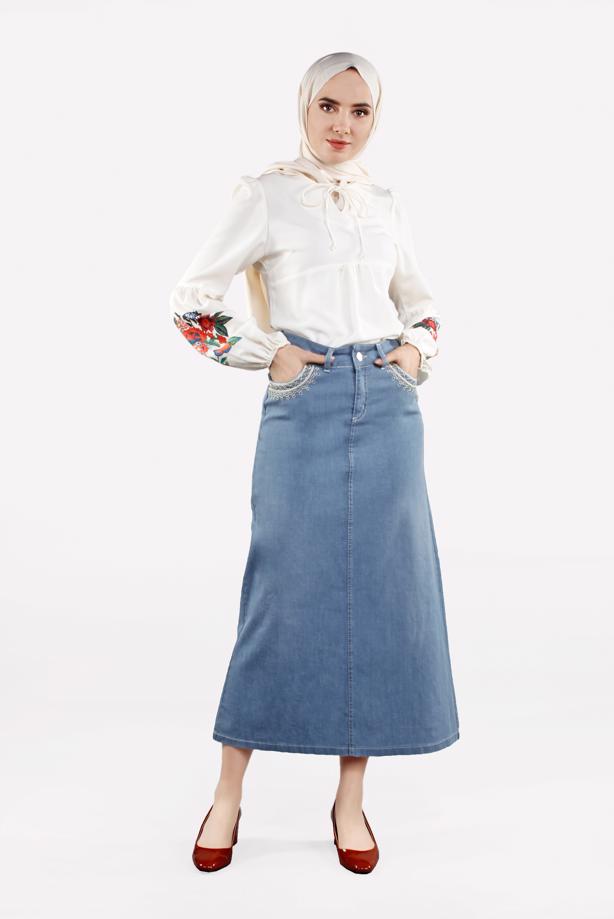 Vêtements hijab  Embroidery Pockets  Detailed Denim Skirt T 8022  - TRENDTESETTÜR