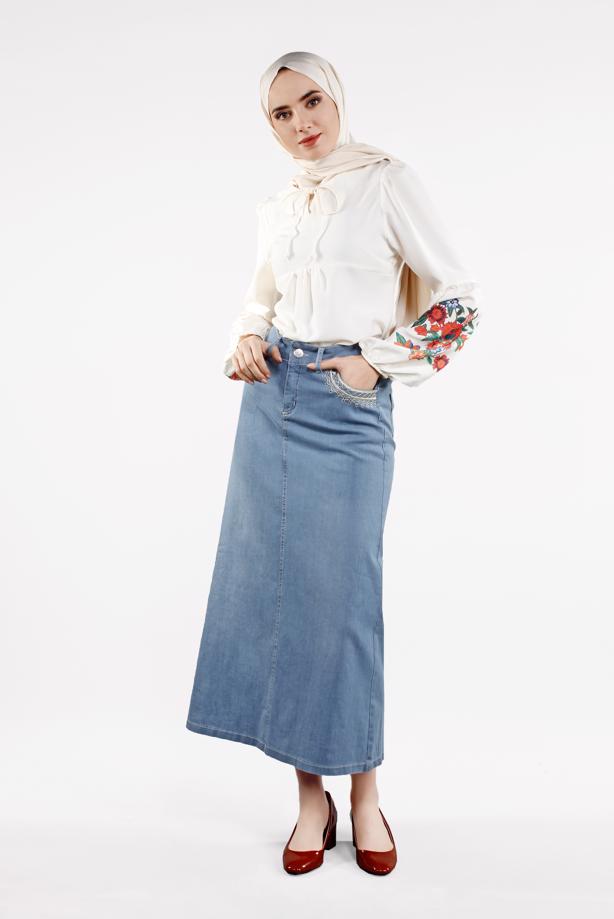 Vêtements hijab  Embroidery Pockets  Detailed Denim Skirt T 8022  - TRENDTESETTÜR