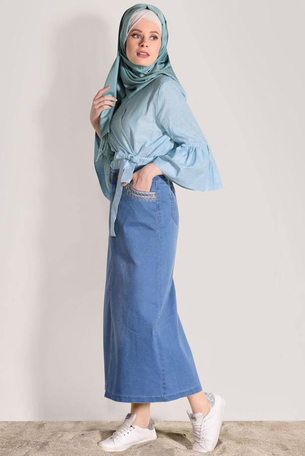 Vêtements hijab  Embroidery Pockets  Detailed Denim Skirt T 8022  - TRENDTESETTÜR