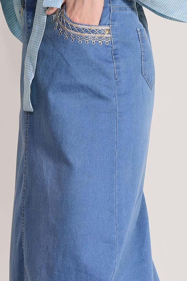 Vêtements hijab  Embroidery Pockets  Detailed Denim Skirt T 8022  - TRENDTESETTÜR