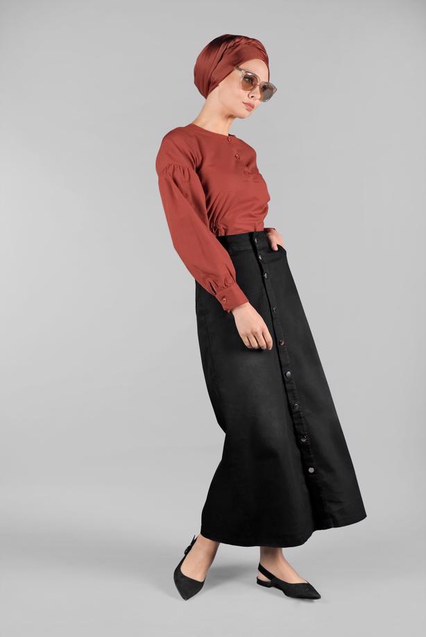 Vêtements hijab  Pocketed Front Snaps Denim Skirt T 8032 - TRENDTESETTÜR