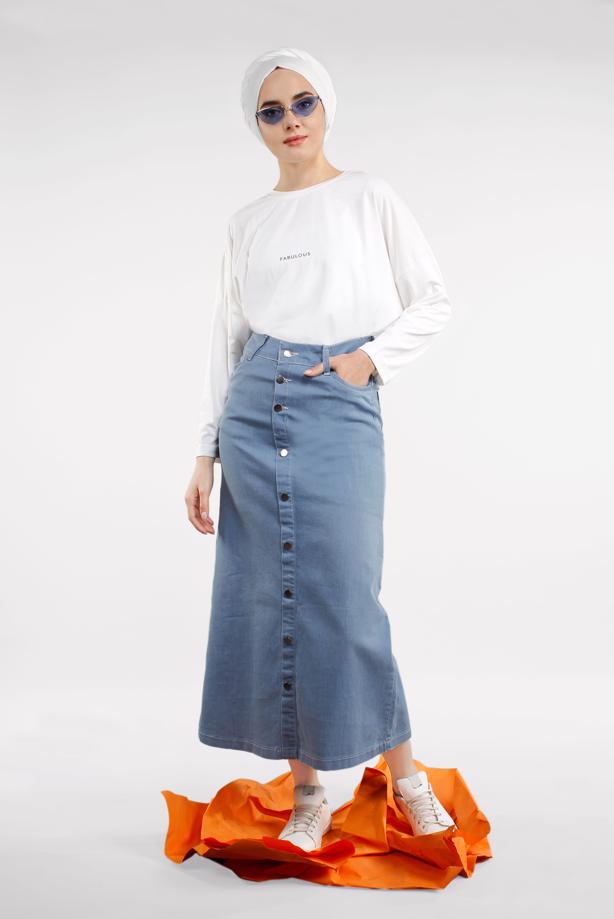 Vêtements hijab  Pocketed Front Snaps Denim Skirt T 8032 - TRENDTESETTÜR