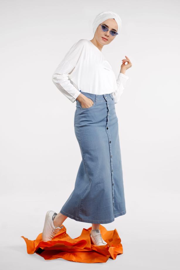 Vêtements hijab  Pocketed Front Snaps Denim Skirt T 8032 - TRENDTESETTÜR