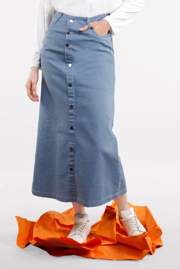 Vêtements hijab  Pocketed Front Snaps Denim Skirt T 8032 - TRENDTESETTÜR