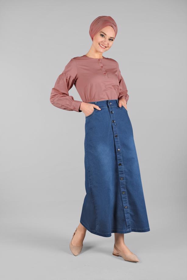 Vêtements hijab  Pocketed Front Snaps Denim Skirt T 8032 - TRENDTESETTÜR