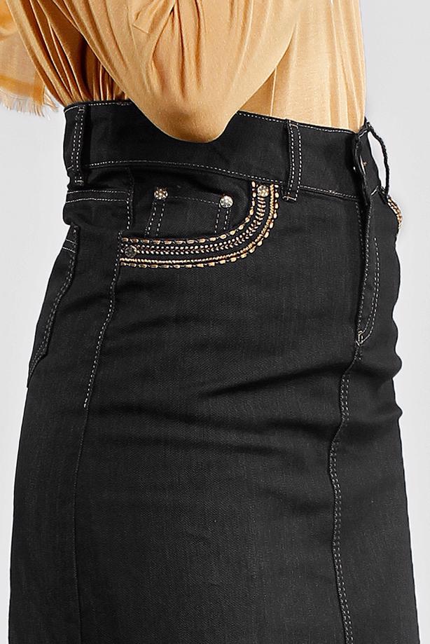 Tesettür giyim SİYAH CEP KISMI NAKIŞLI PAMUKLU DENİM ETEK 8112 - TRENDTESETTÜR