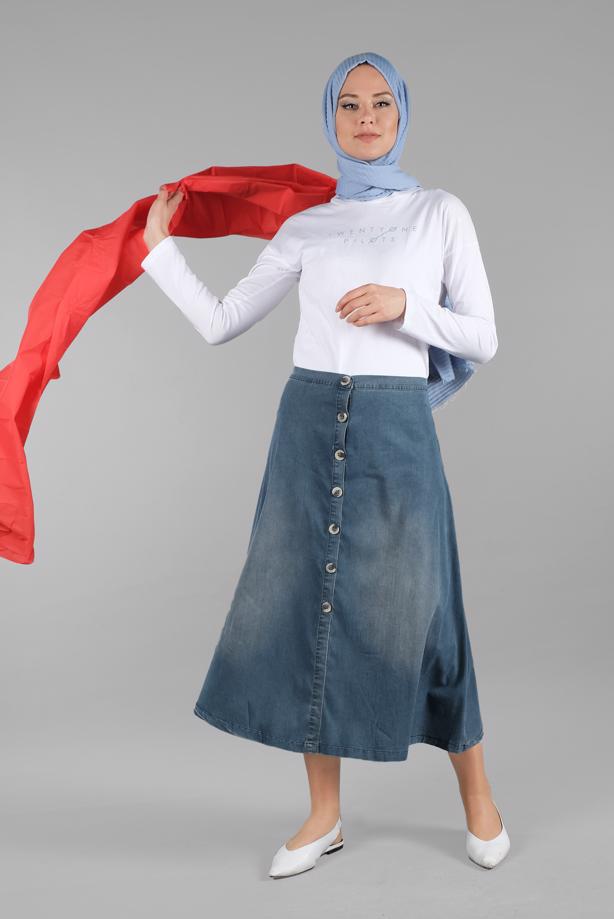 Hijab-Kleidung  ÖNDEN DÜĞMELİ DENİM ETEK 9003 - TRENDTESETTÜR