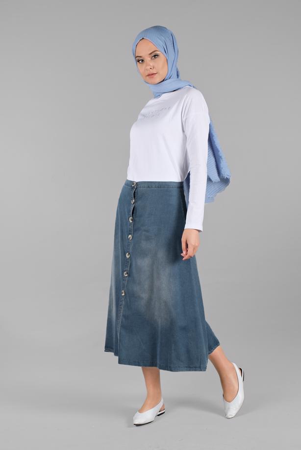 Hijab-Kleidung  ÖNDEN DÜĞMELİ DENİM ETEK 9003 - TRENDTESETTÜR