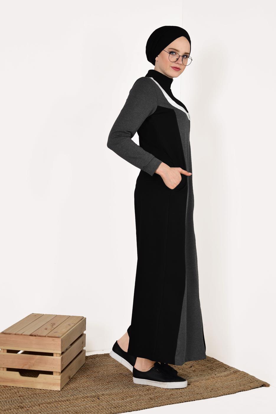 Tesettür giyim SİYAH  FERMUARLI CEPLİ EŞOFMAN FERACE 1838