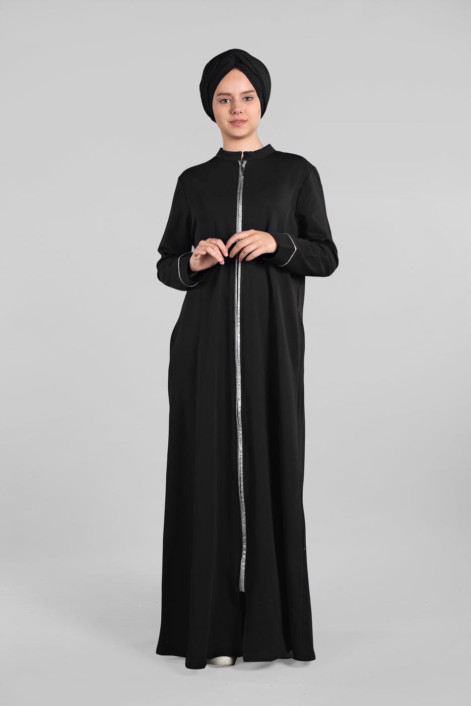 Tesettür giyim SİYAH  BİYELİ FERMUARLI FERACE 10206 