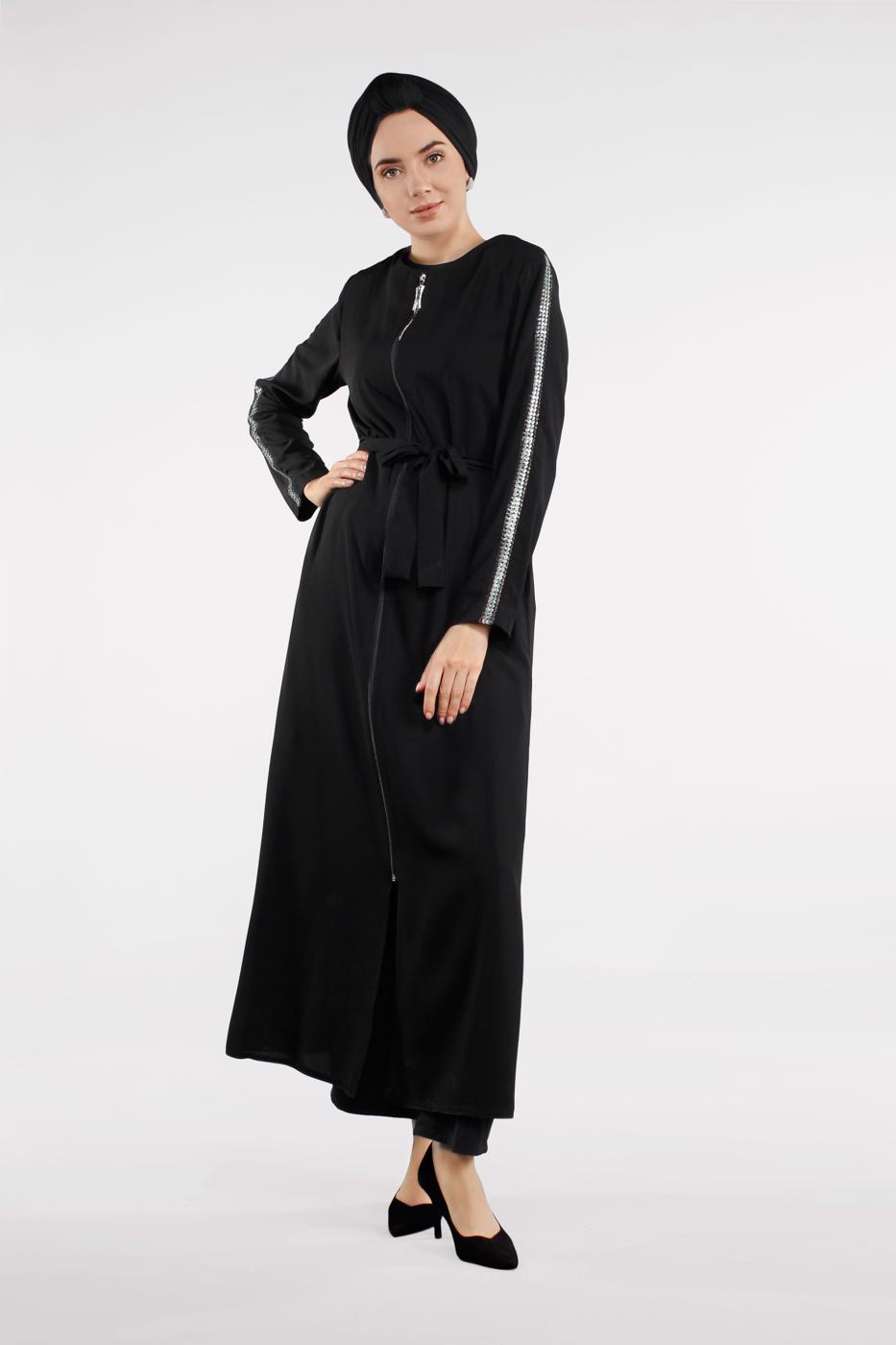 Tesettür giyim SİYAH KOLLARI PUL PAYET ŞERİTLİ BELİ KUŞAKLI FERACE 51991