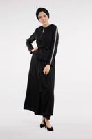 Tesettür giyim SİYAH KOLLARI PUL PAYET ŞERİTLİ BELİ KUŞAKLI FERACE 51991