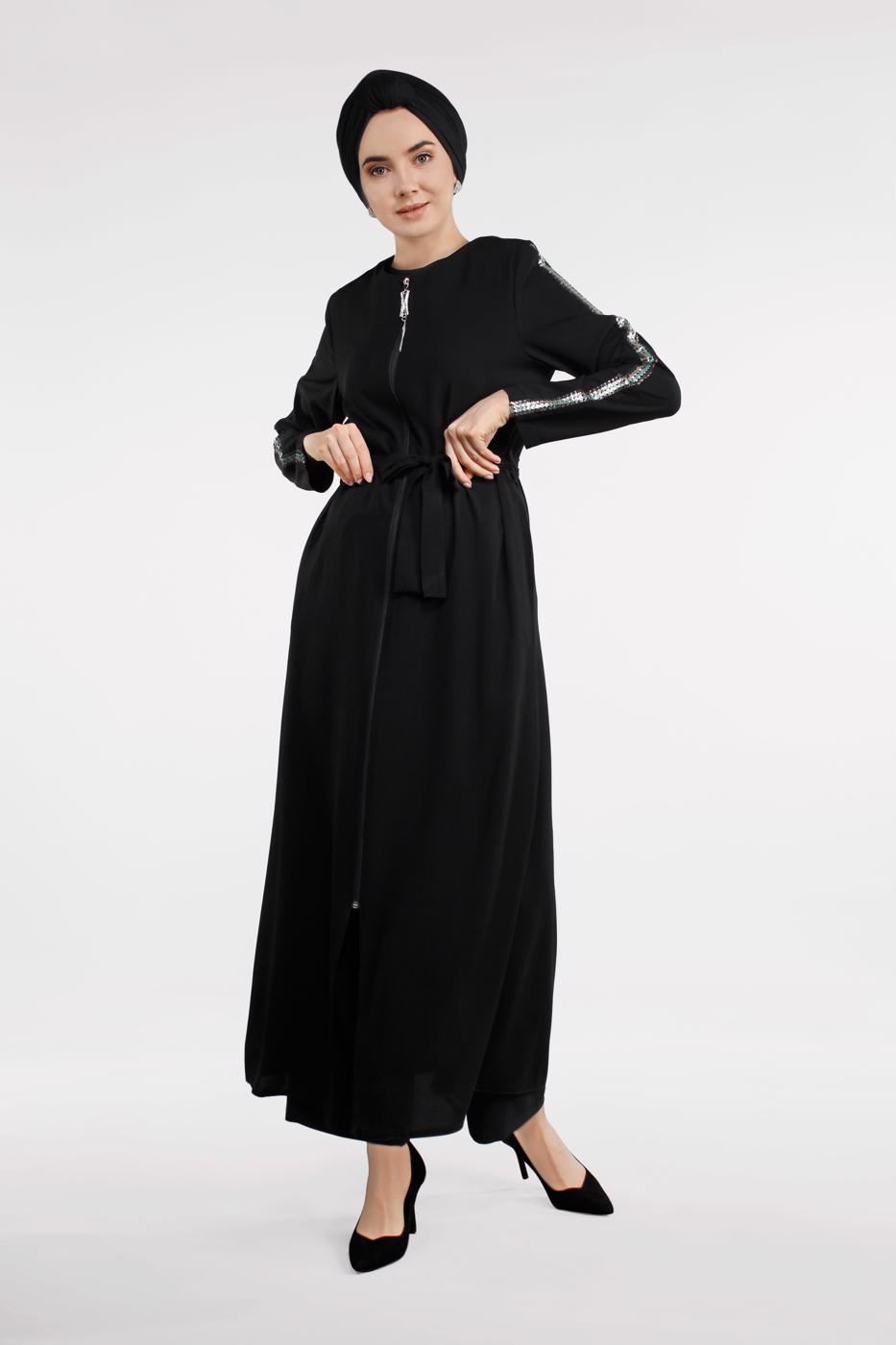 Tesettür giyim SİYAH KOLLARI PUL PAYET ŞERİTLİ BELİ KUŞAKLI FERACE 51991
