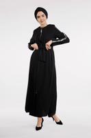 Tesettür giyim SİYAH KOLLARI PUL PAYET ŞERİTLİ BELİ KUŞAKLI FERACE 51991