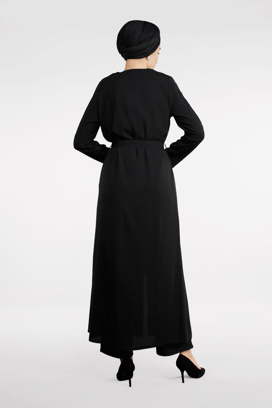 Tesettür giyim SİYAH KOLLARI PUL PAYET ŞERİTLİ BELİ KUŞAKLI FERACE 51991