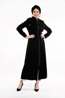 Tesettür giyim SİYAH BOYDAN FERMUARLI BELİ BÜZGÜLÜ FERACE 60991