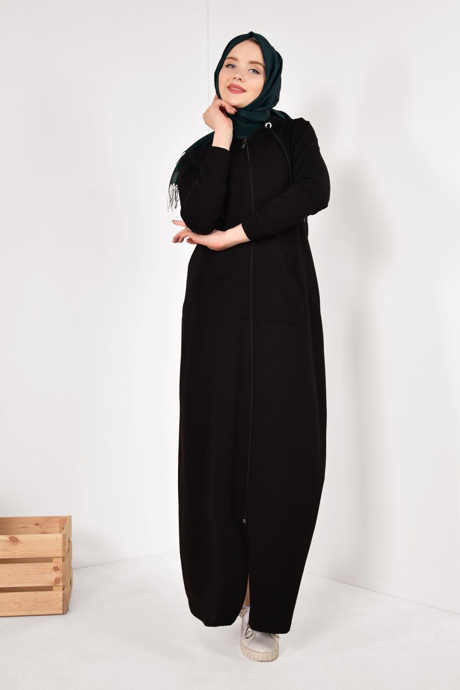 Tesettür giyim SİYAH FERMUARLI KAPÜŞONLU İKİ YANI CEPLİ EŞOFMAN FERACE 0338