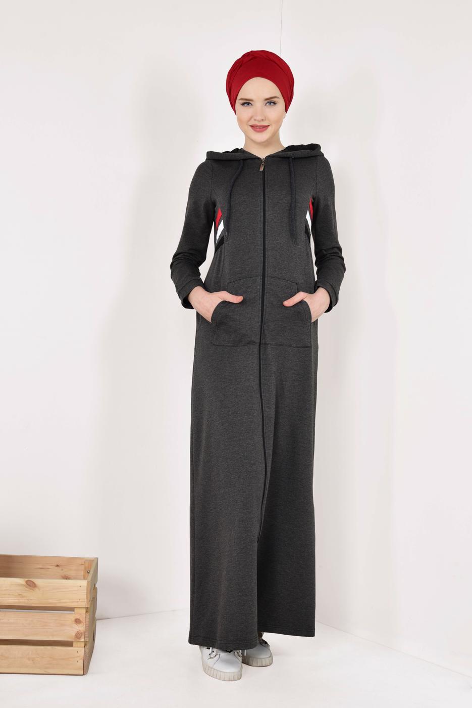 Tesettür giyim GRİ FERMUARLI KAPÜŞONLU İKİ YANI CEPLİ EŞOFMAN FERACE 0338