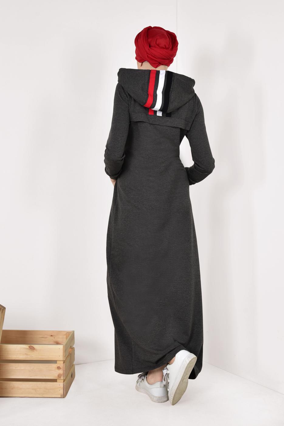 Tesettür giyim GRİ FERMUARLI KAPÜŞONLU İKİ YANI CEPLİ EŞOFMAN FERACE 0338
