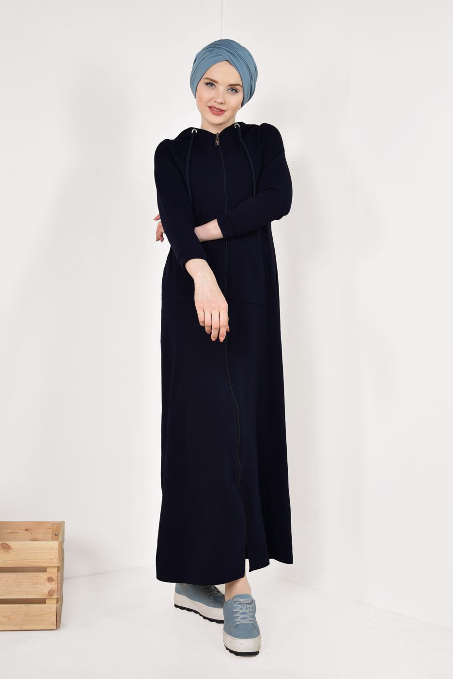 Tesettür giyim LACİVERT FERMUARLI KAPÜŞONLU İKİ YANI CEPLİ EŞOFMAN FERACE 0338