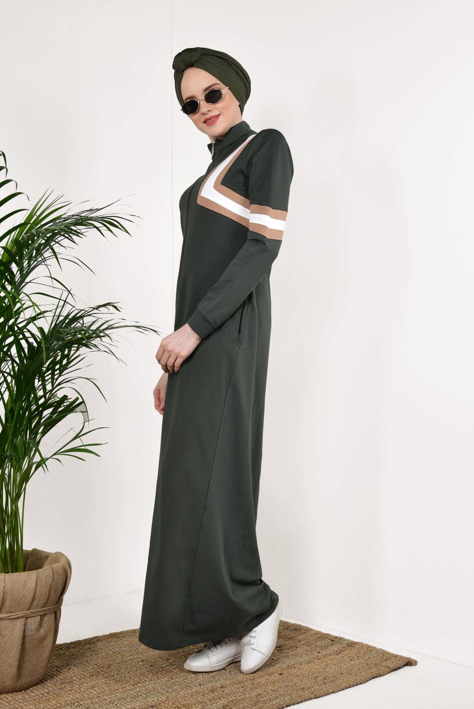 Tesettür giyim HAKİ FERMUARLI EŞOFMAN FERACE 6338