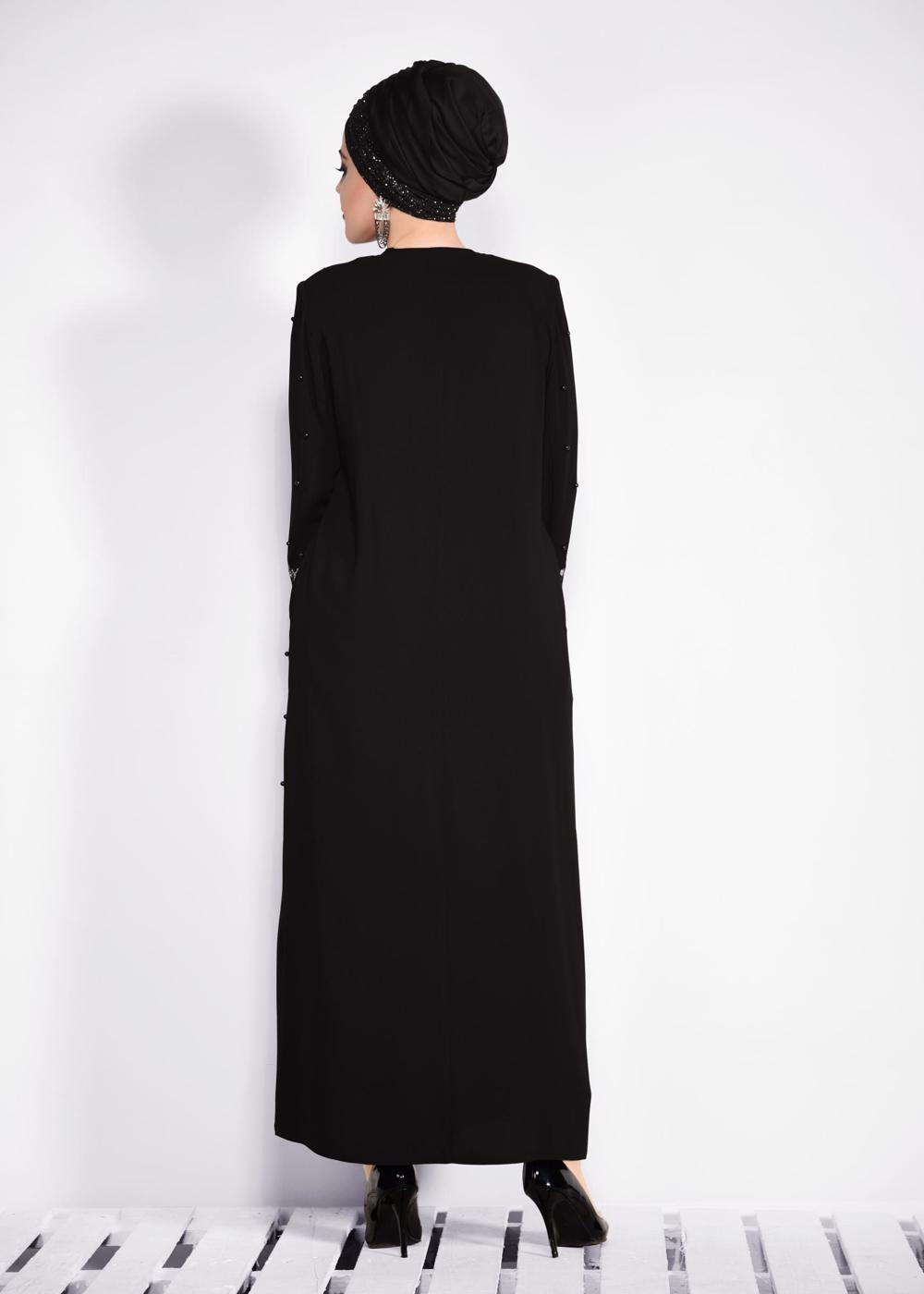 Tesettür giyim SİYAH KOLLARI DANTEL DETAYLI İNCİLİ FERACE T 8265 