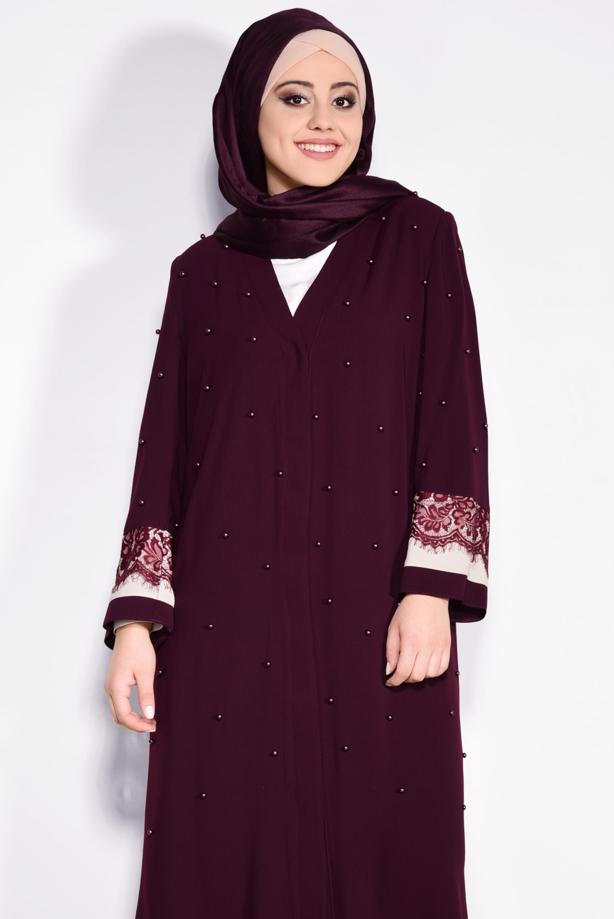Hijab clothing CLARET RED PEARL DETAILED ABAYA T 8265  - TRENDTESETTÜR