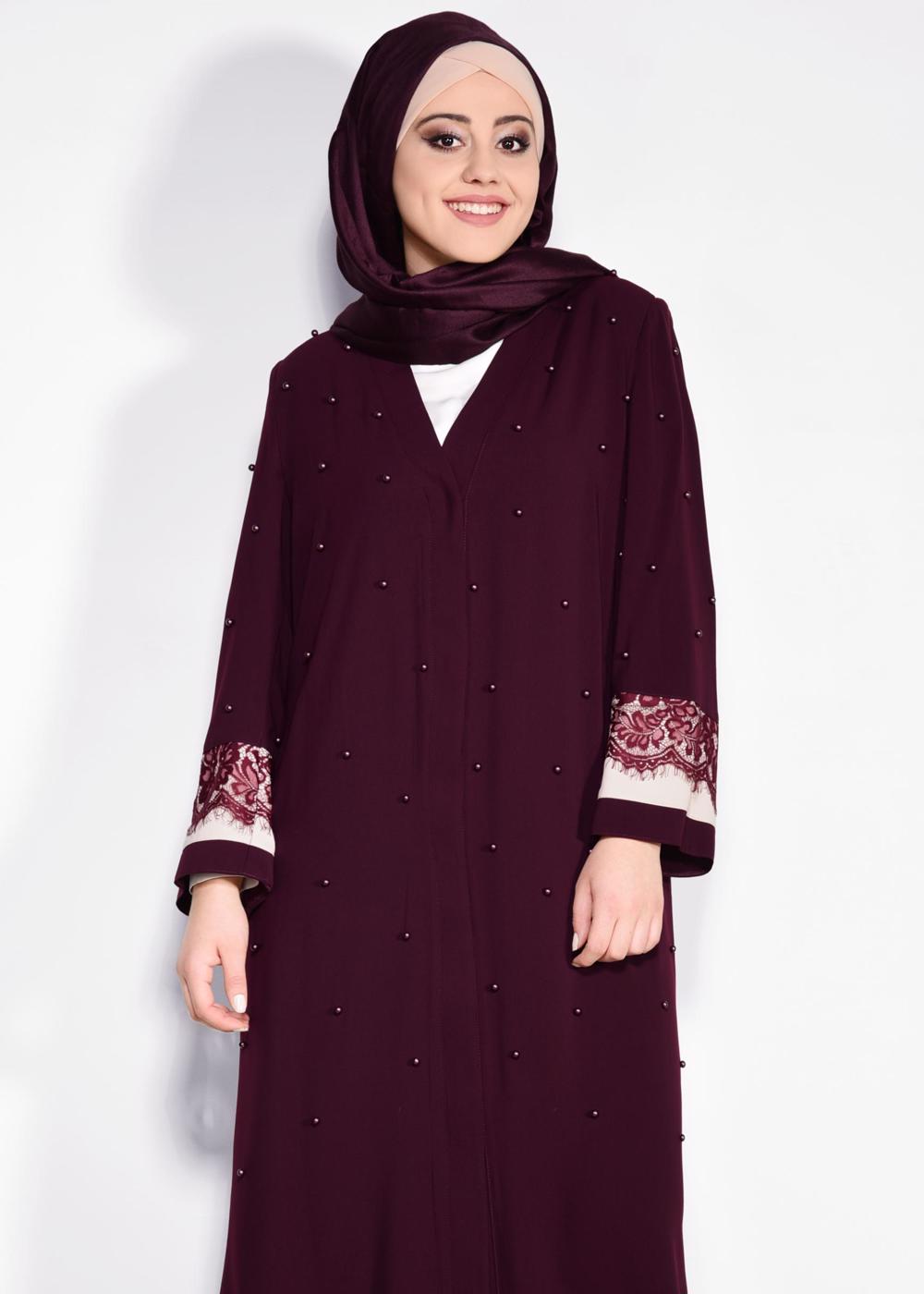 Tesettür giyim BORDO KOLLARI DANTEL DETAYLI İNCİLİ FERACE T 8265