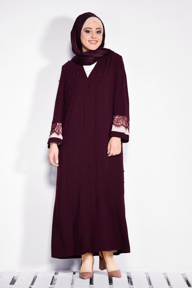 Hijab clothing CLARET RED PEARL DETAILED ABAYA T 8265  - TRENDTESETTÜR