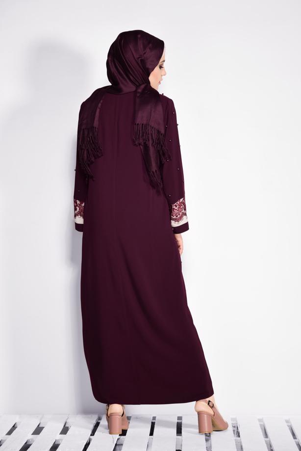 Hijab clothing CLARET RED PEARL DETAILED ABAYA T 8265  - TRENDTESETTÜR