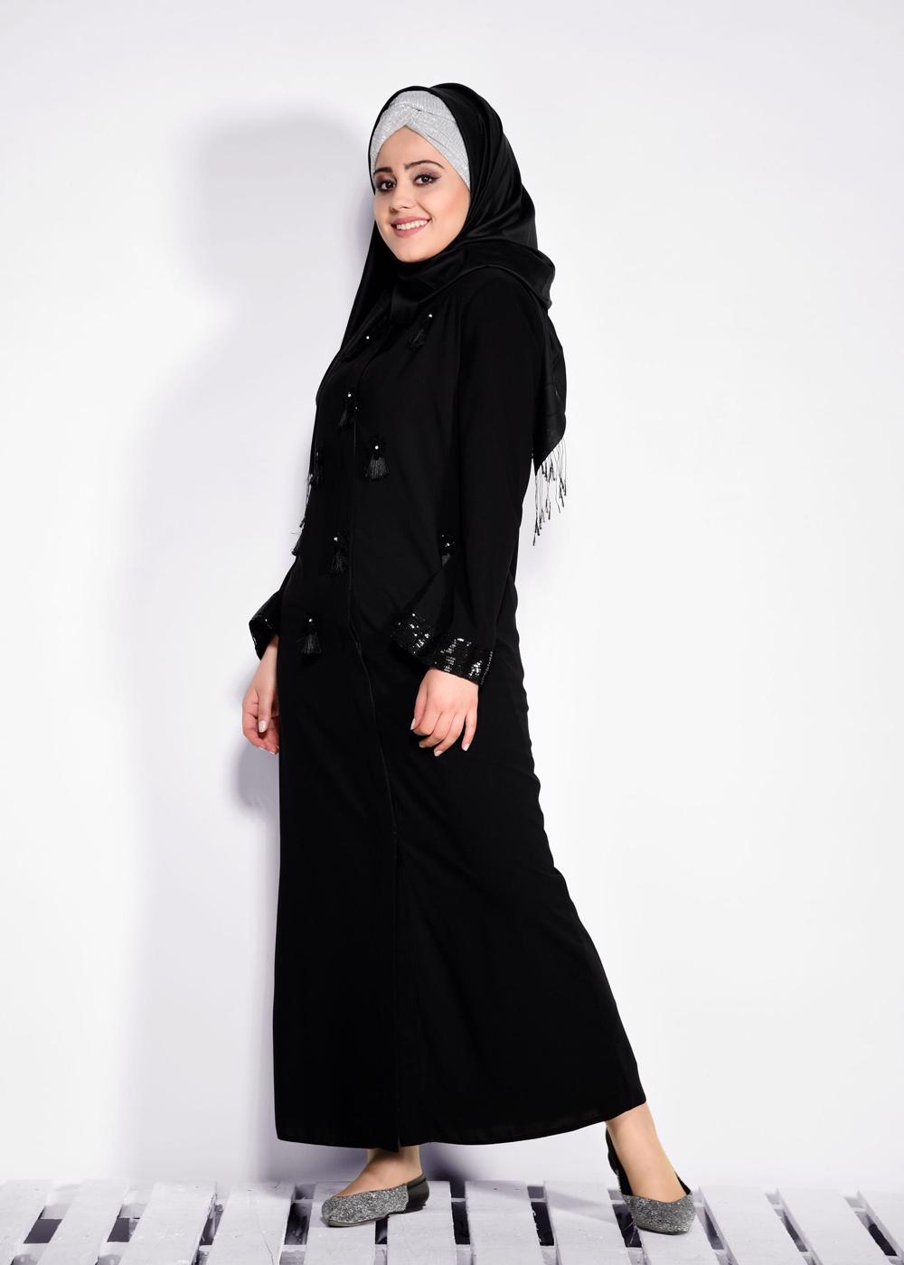 Tesettür giyim SİYAH PÜSKÜL DETAYLI FERACE 8266 