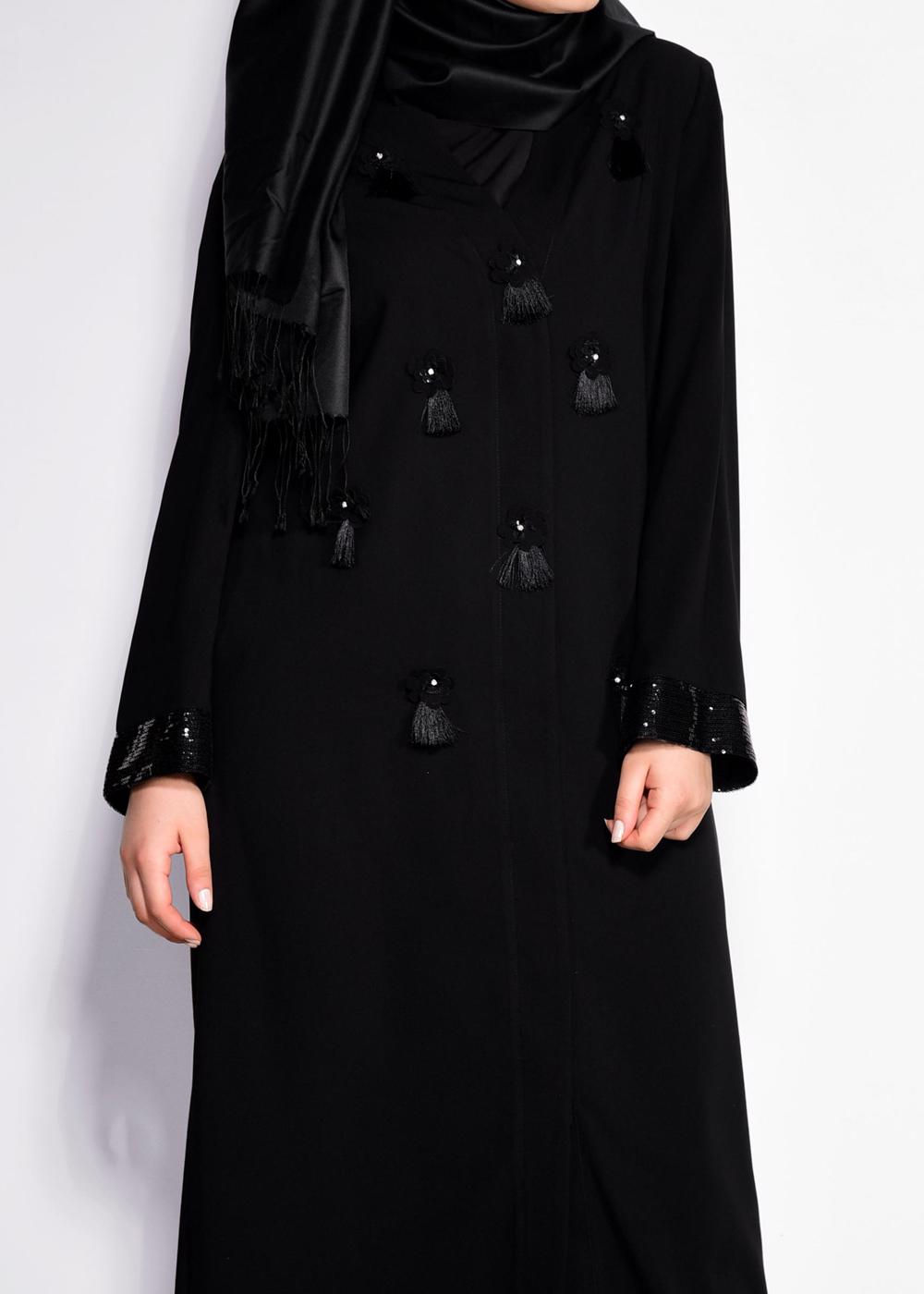 Tesettür giyim SİYAH PÜSKÜL DETAYLI FERACE 8266 