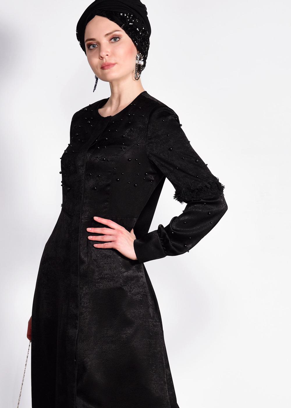 Tesettür giyim SİYAH İNCİ DETAYLI FERACE 8267