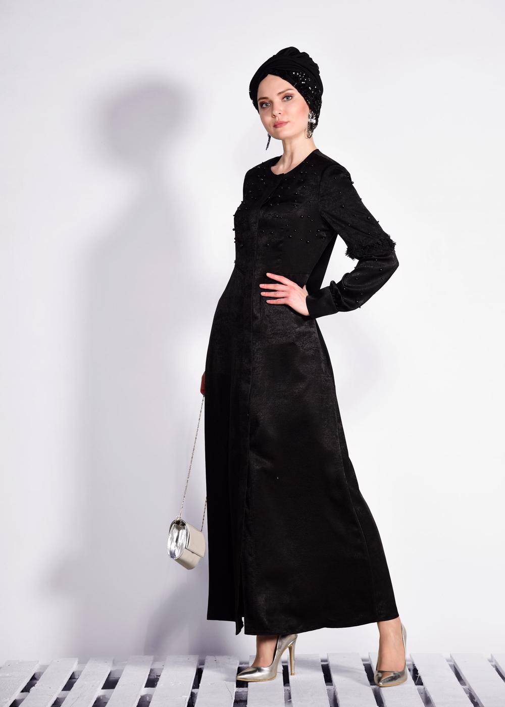 Tesettür giyim SİYAH İNCİ DETAYLI FERACE 8267