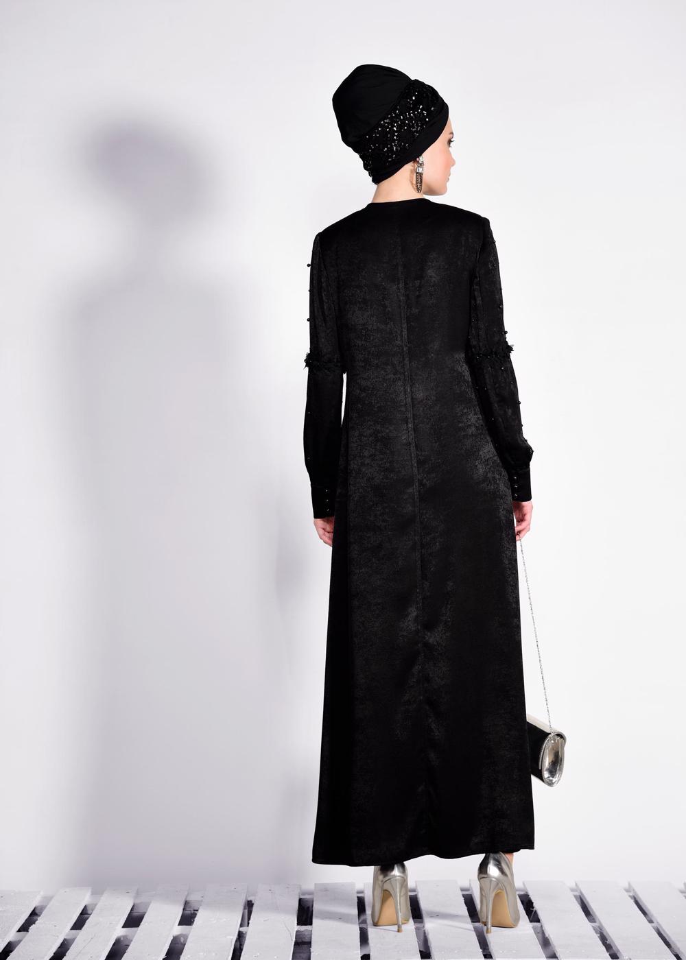 Tesettür giyim SİYAH İNCİ DETAYLI FERACE 8267