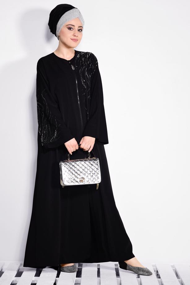 Hijab clothing BLACK EMBROIDERED ZIPPER ABAYA T 8273 - TRENDTESETTÜR