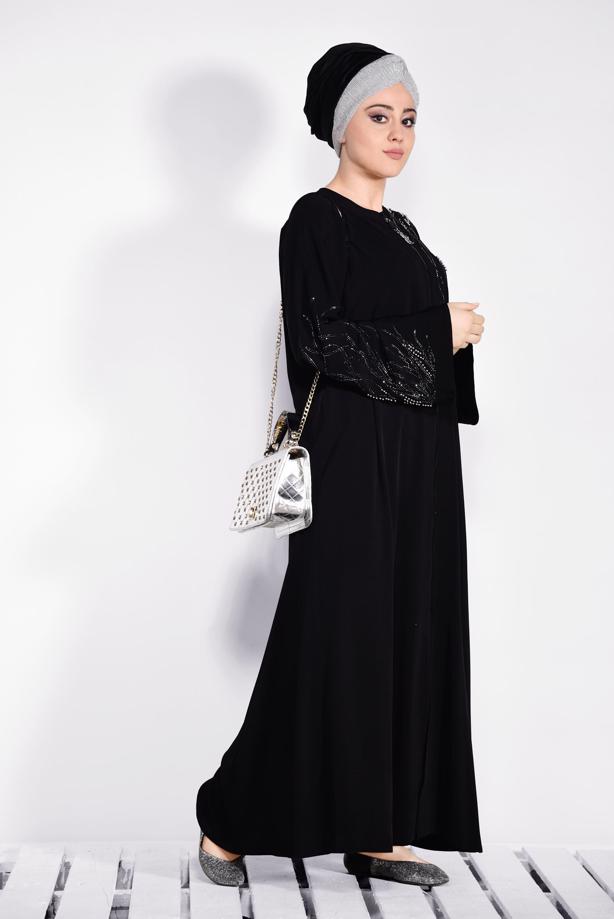 Hijab clothing BLACK EMBROIDERED ZIPPER ABAYA T 8273 - TRENDTESETTÜR