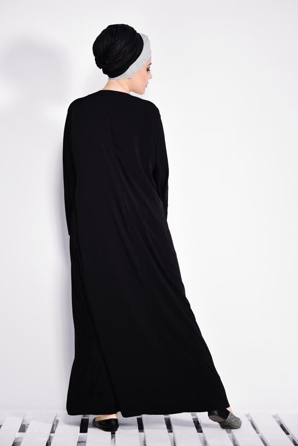 Hijab clothing BLACK EMBROIDERED ZIPPER ABAYA T 8273 - TRENDTESETTÜR
