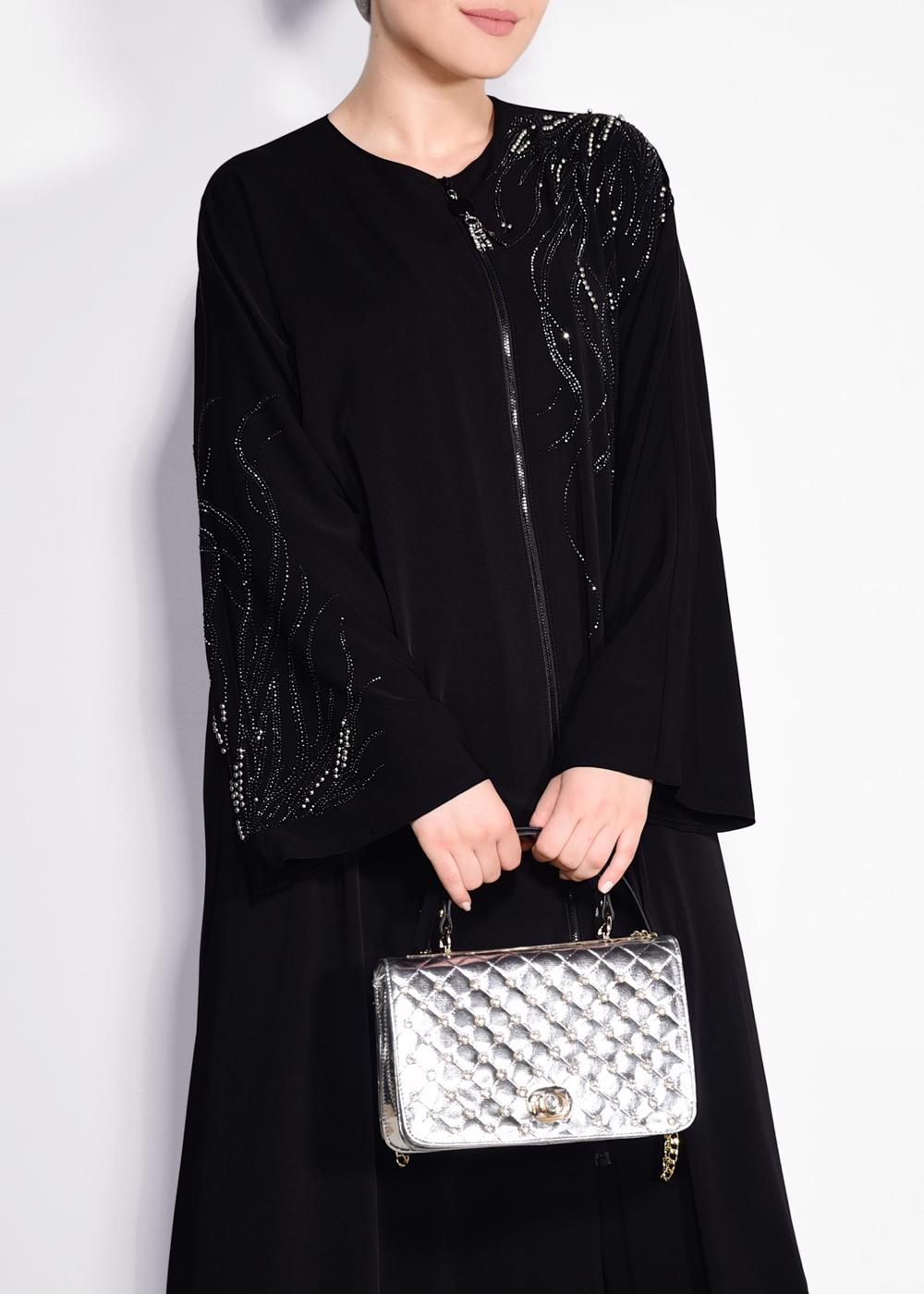 Tesettür giyim SİYAH PUL İŞLEMELİ FERMUARLI FERACE T 8273