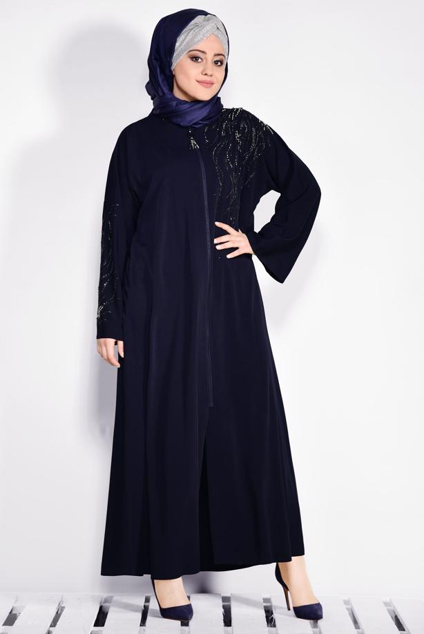 Hijab clothing NAVY BLUE EMBROIDERED ZIPPER ABAYA T 8273 - TRENDTESETTÜR