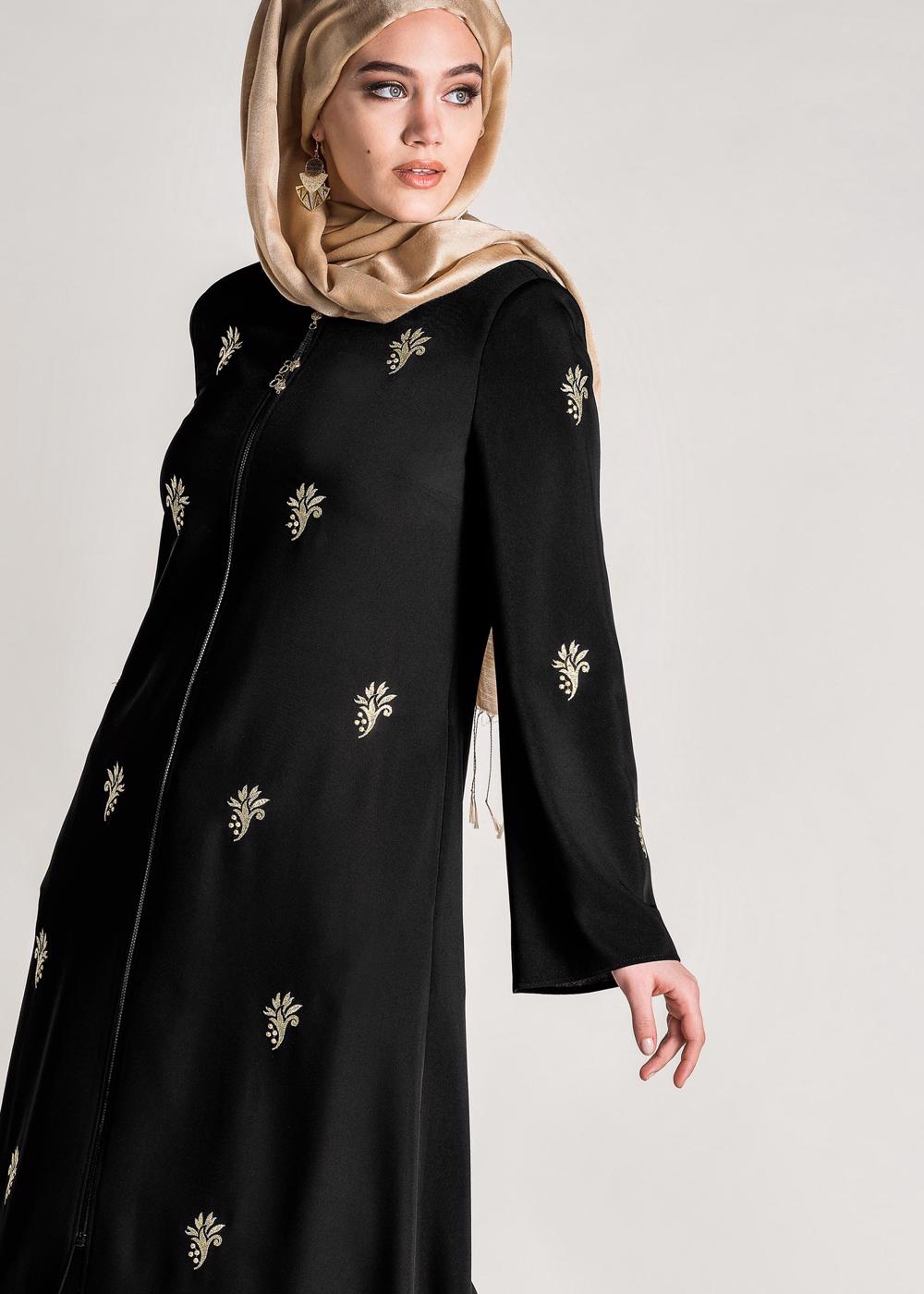 Tesettür giyim SİYAH BOYDAN FERMUARLI FERACE T 8280