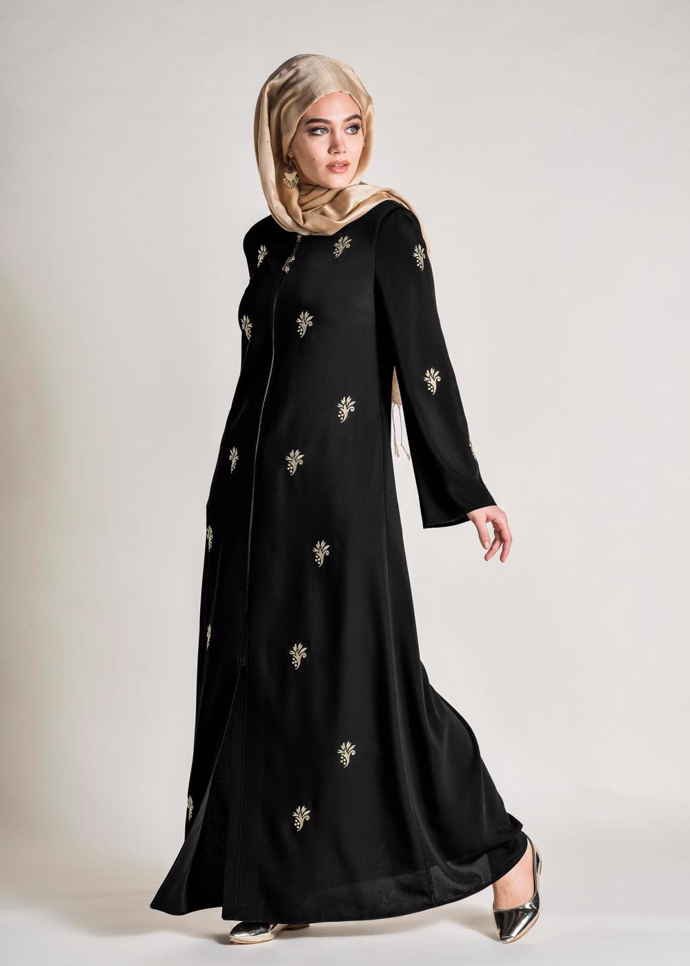 Tesettür giyim SİYAH BOYDAN FERMUARLI FERACE T 8280